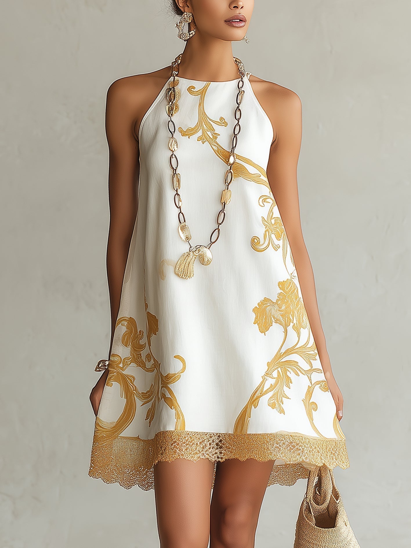 Héloïse | Robe Mini en Dentelle Blanche à Motifs Dorés