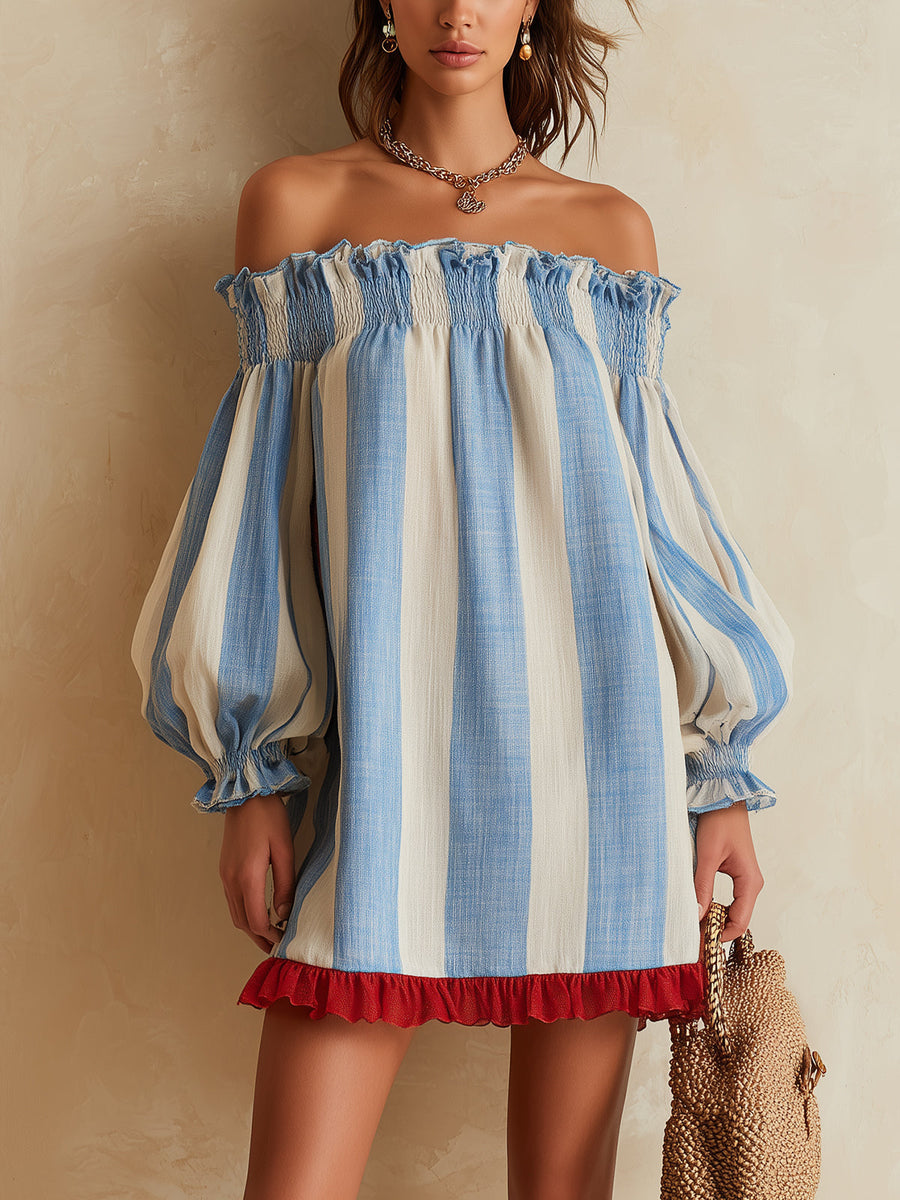Ondine | Mini Robe Rayée Bleu et Blanc à Épaules Dénudées et Ourlet Contrasté