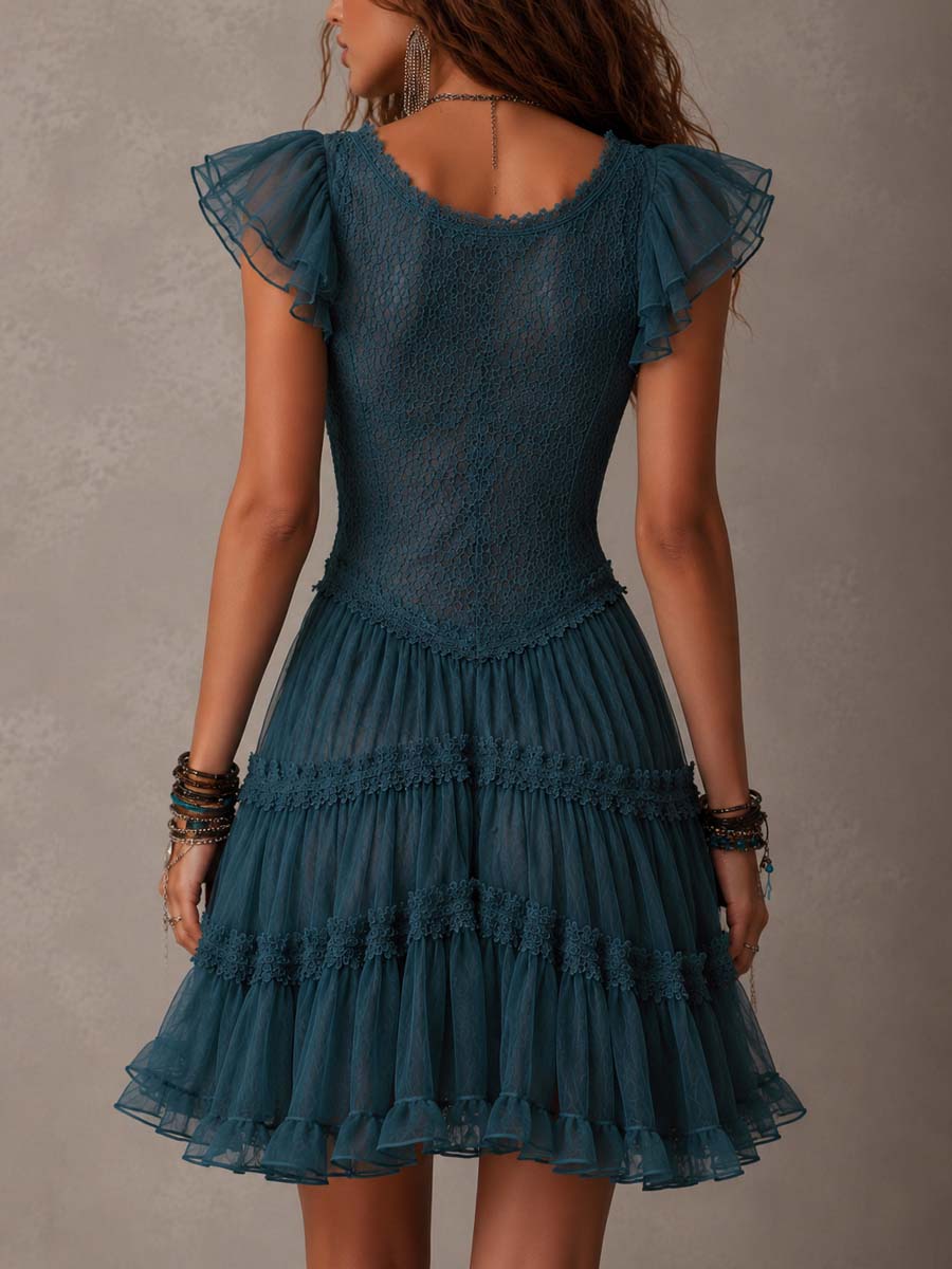 Delphine | Mini Robe à Volants en Dentelle et Mousseline Bleu Rétro