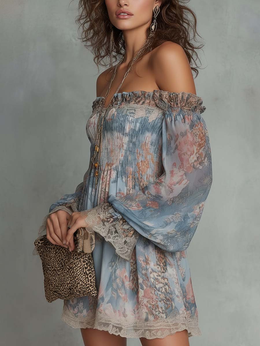 Romane | Robe Mini en Mousseline Froncée à Épaules Dénudées et Fleurs Romantiques