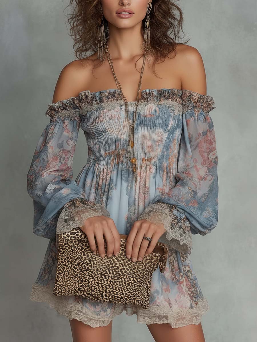 Romane | Robe Mini en Mousseline Froncée à Épaules Dénudées et Fleurs Romantiques