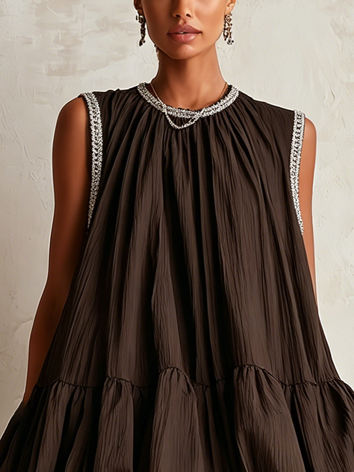 Colette | Mini Robe Sans Manches Marron à Ourlet Bouffant