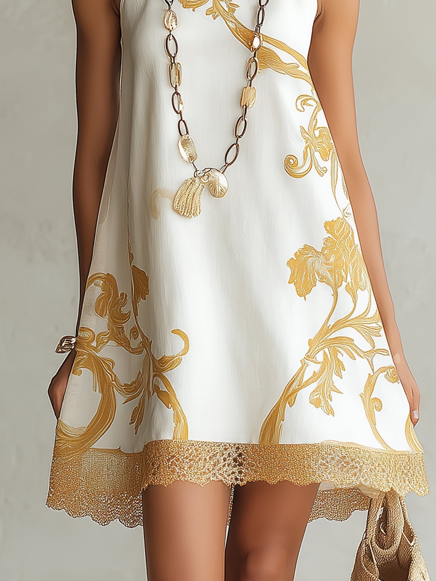 Héloïse | Robe Mini en Dentelle Blanche à Motifs Dorés