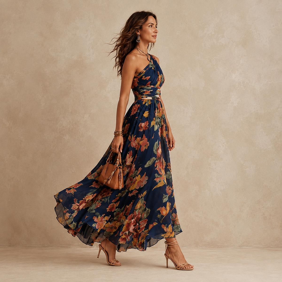 Céleste | Robe Longue Fleurie à Épaule Dénudée