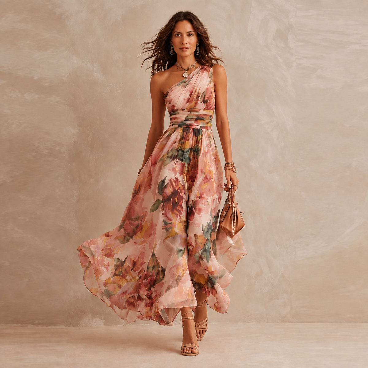 Céleste | Robe Longue Fleurie à Épaule Dénudée