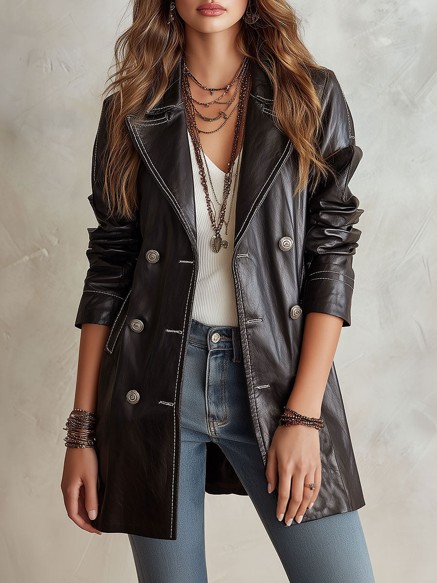 Margaux | Trench Noir Vintage en Cuir Écologique