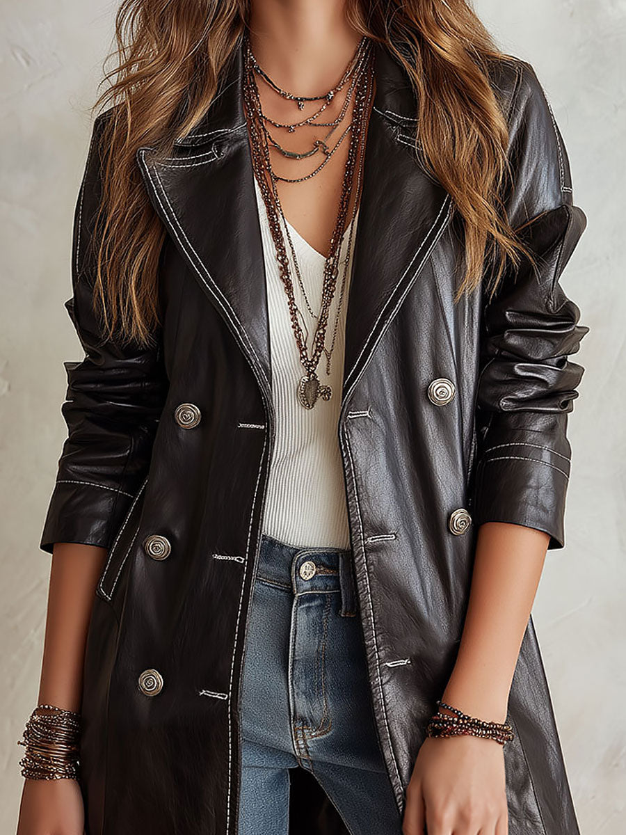 Margaux | Trench Noir Vintage en Cuir Écologique
