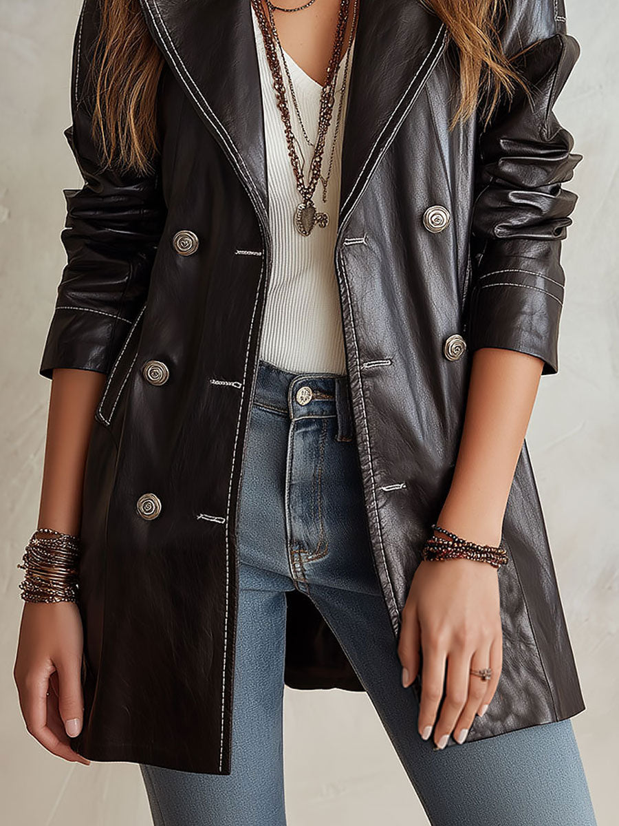 Margaux | Trench Noir Vintage en Cuir Écologique