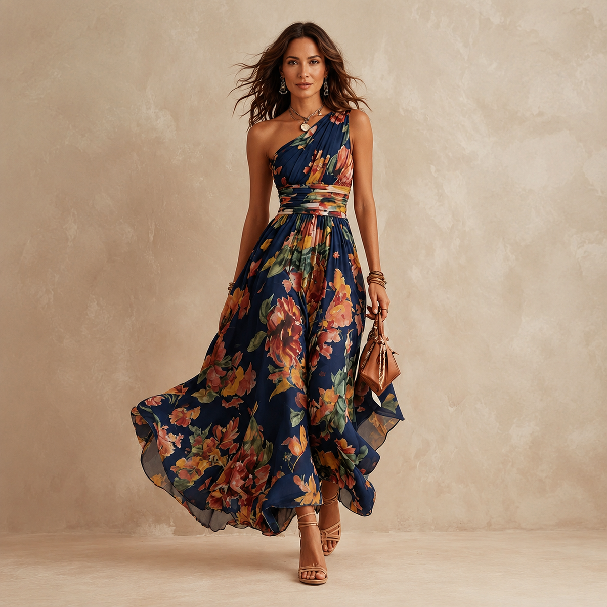 Céleste | Robe Longue Fleurie à Épaule Dénudée
