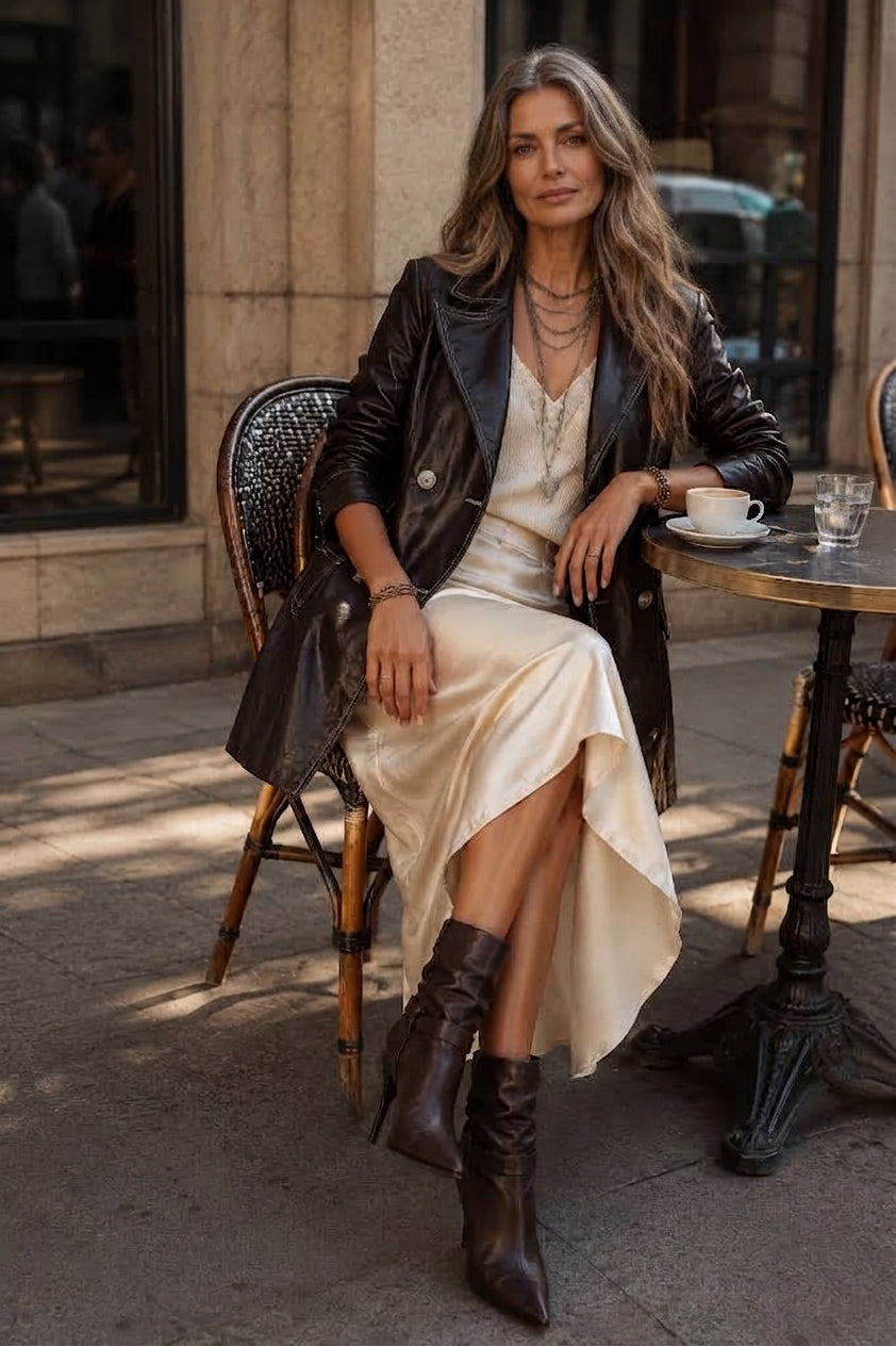 Margaux | Trench Noir Vintage en Cuir Écologique