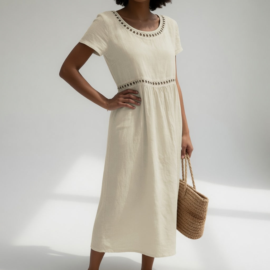 Pernelle™ — Robe mi-longue 100% coton brodée féminité douce