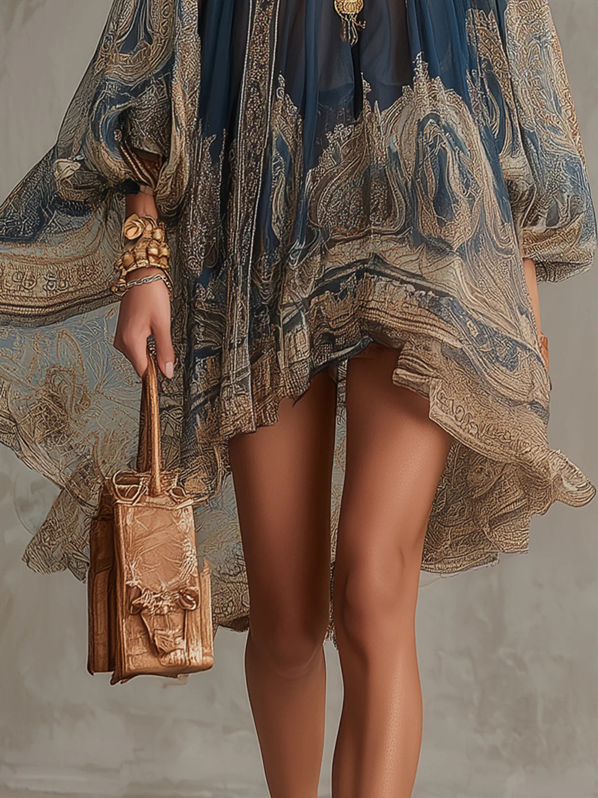 Bérénice | Robe Mini en Mousseline Asymétrique à Imprimé Baroque Bleu Marine et Col Montant