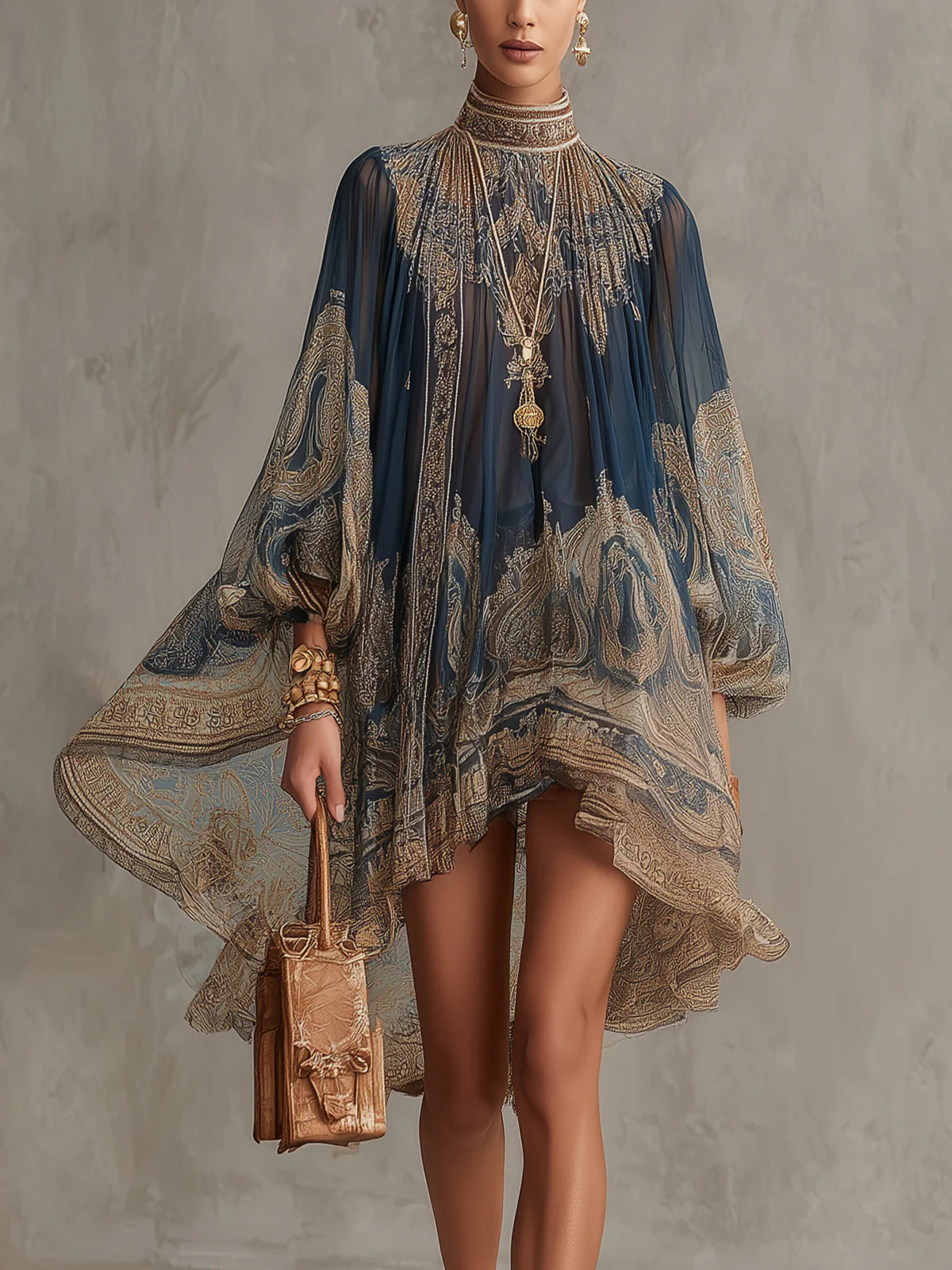 Bérénice | Robe Mini en Mousseline Asymétrique à Imprimé Baroque Bleu Marine et Col Montant