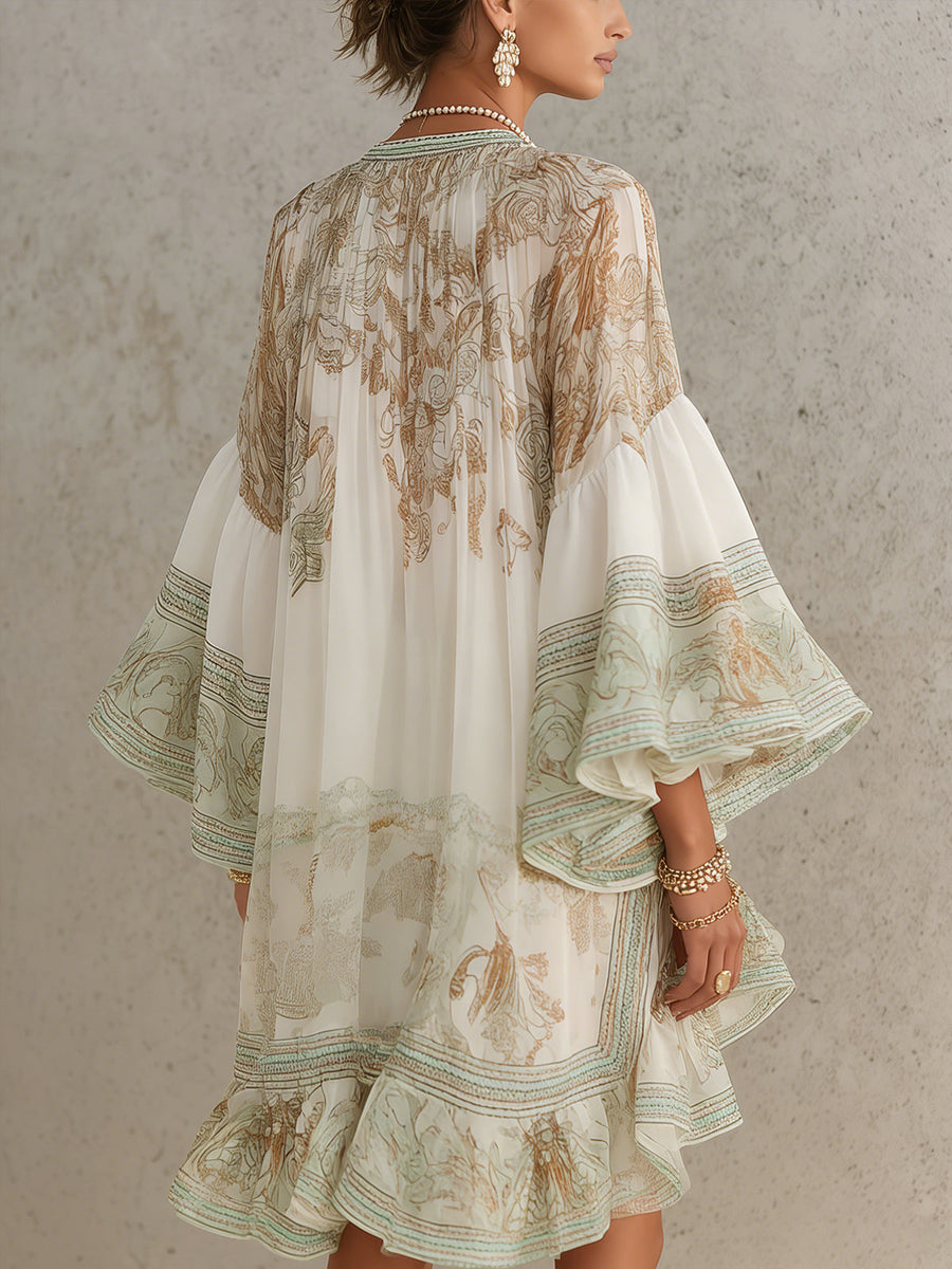 Rosalie | Robe Mini en Mousseline à Manches Volantées et Ourlet Rayé Vert