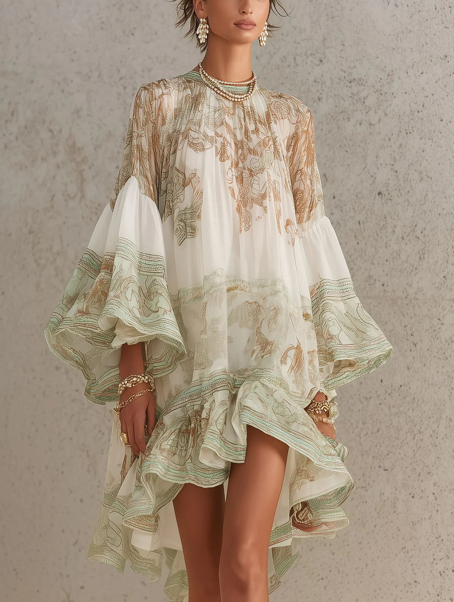 Rosalie | Robe Mini en Mousseline à Manches Volantées et Ourlet Rayé Vert