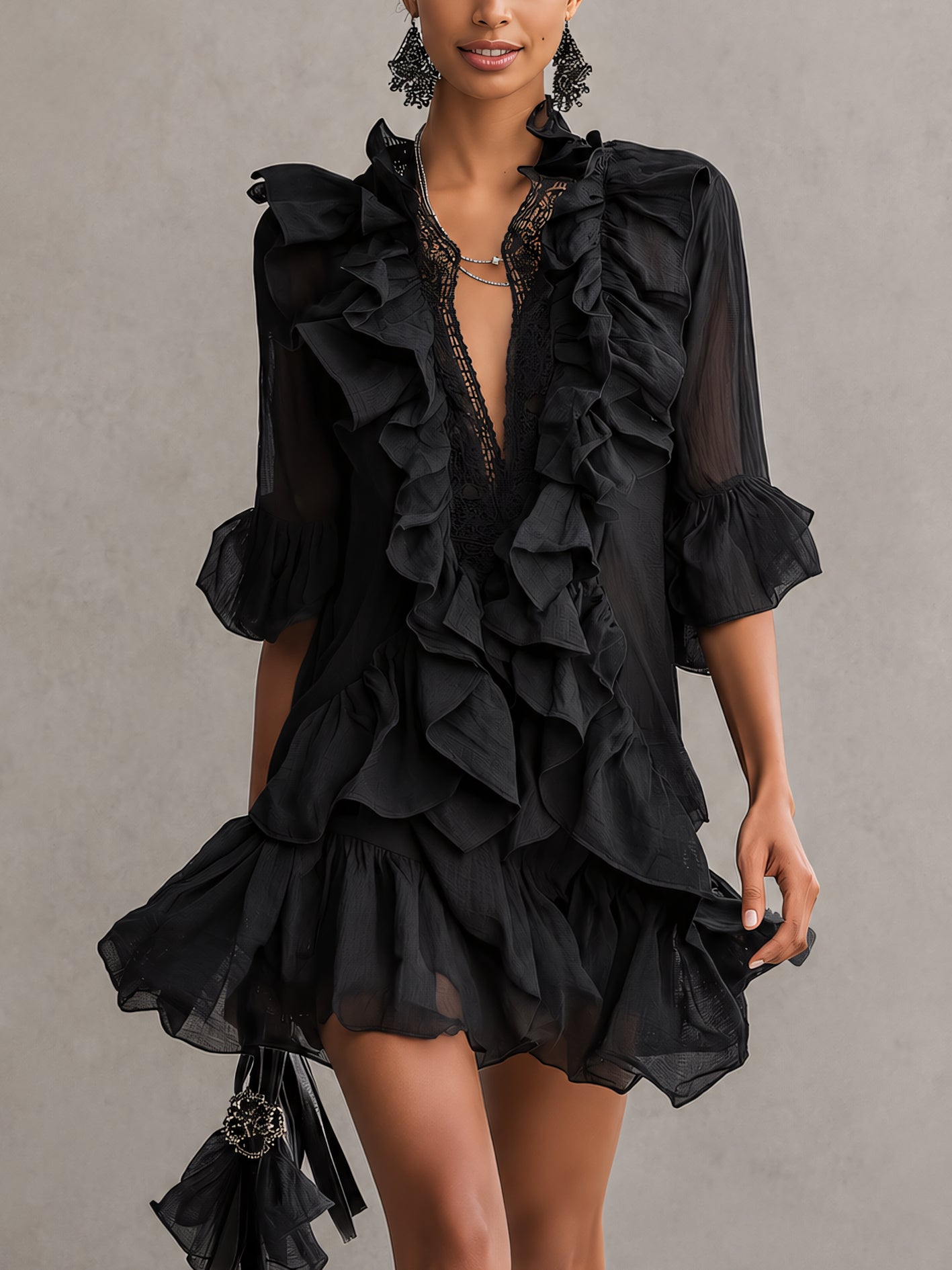 Anaïs | Robe Mini en Mousseline Noire à Volants