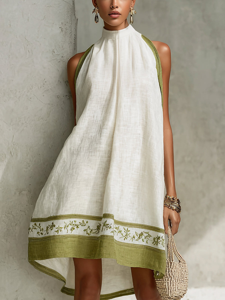 Agathe | Robe Mini Trapèze Sans Manches Blanche et Vert Olive à Fleurs