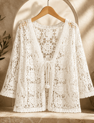 Albertine | Cardigan Crochet Fleuri à Nouer - Maison Denise