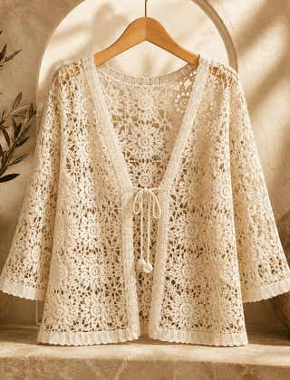 Albertine | Cardigan Crochet Fleuri à Nouer - Maison Denise