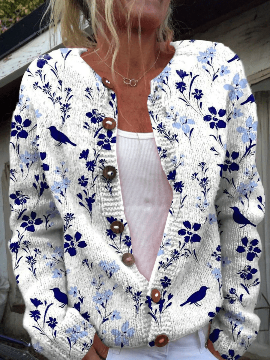 Valentine™ | Cardigan-Pull Floral Imprimé Oiseaux Vintage à Boutons - Maison Denise